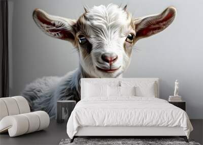 Adorable 3D rendering of a tiny baby goat with soft fur and a charming expression against a white background Wall mural