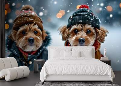 Adorable dog cozily bundled in a jacket and hood amidst a snowy winter wonderland perfect for Christmas and New Year festivities Wall mural