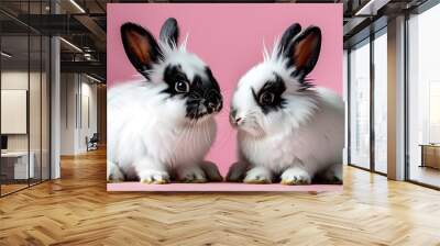 Adorable white rabbits with black heads on a soft pink background Wall mural