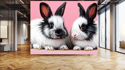 Adorable white rabbits with black heads on a soft pink background Wall mural