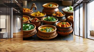 Assorted Indian curries served in traditional clay pots Wall mural