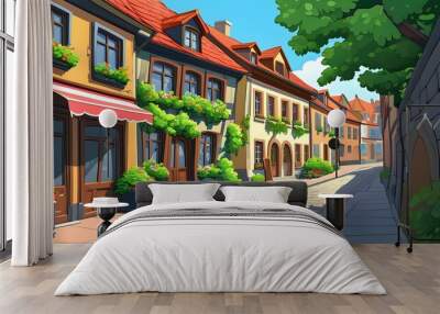 Charming Cartoon Depiction of European Streets and Quaint Architecture Wall mural