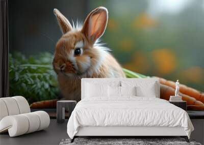 Charming fluffy rabbit amidst a blurred backdrop of vibrant carrots Wall mural