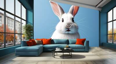 Charming white rabbit against a vibrant blue backdrop with ample space for text Wall mural