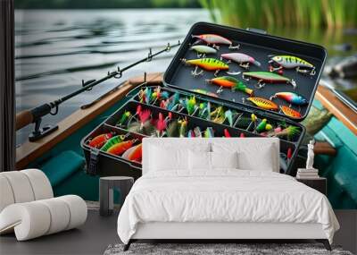 colorful lures in an open fishing tackle box on a boat beside a serene lake, showcasing angling gear for outdoor recreation and freshwater fishing adventures Wall mural