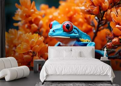 Colorful tree frog with striking red eyes perched among vibrant orange flowers creating a vivid natural contrast Wall mural