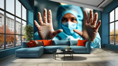 Compassionate Healthcare Worker Reaching Out in Protective Gear, Symbolizing Care and Support Wall mural