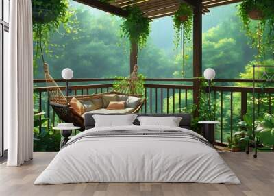 Cozy balcony retreat with a hammock nestled among lush greenery, offering serene forest views and a calming lofi anime vibe Wall mural