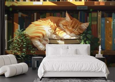 Cozy cat napping on library shelf bathed in warm sunlight surrounded by books and plants in enchanting anime Lofi style Wall mural