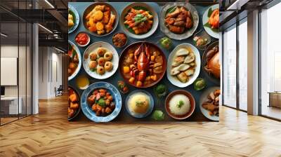 Cultural Celebration Through a Festive Table Setting Featuring Traditional Dishes from Around the World Wall mural