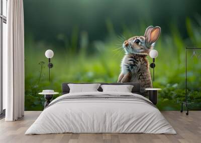 Curious rabbit standing on hind legs in a lush green field, gazing up at the sky with wonder and intrigue Wall mural