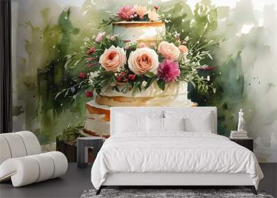 Delicate Watercolor Wedding Cake Adorned with Elegant Floral Decorations Wall mural