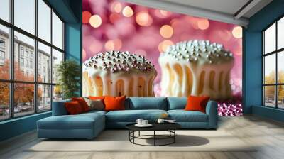 Delightful white chocolate cake pops adorned with colorful sprinkles against a charming pink bokeh backdrop Wall mural