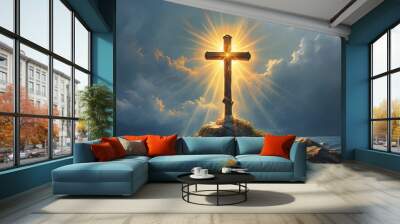 Divine Light Illuminating a Trust Symbol in a Serene Peaceful Setting Wall mural