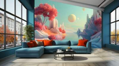 Dreamy abstract landscape featuring surreal elements and soft pastel hues, reimagined in manga-style 3D rendering for creative text overlay Wall mural