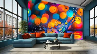 Dynamic water splash showcasing fluid motion and vibrant creativity amidst enchanting bokeh lights Wall mural