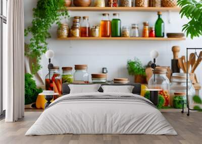 Eco-friendly kitchen display with glass jars and bottles filled with organic ingredients, accompanied by sustainable cloth bags on a clean white backdrop Wall mural