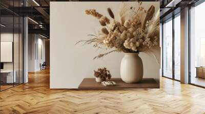 Elegant home interior featuring dried flowers and spikelets in a vase against a soft beige backdrop Wall mural