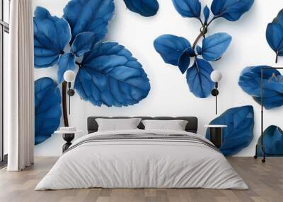 ethereal blue leaves with vibrant special effects against a pristine white backdrop Wall mural