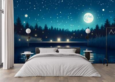 Evening Serenity with Moonlight, Table Decorated with Lamp, Flowers, and Dish Wall mural