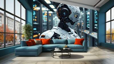 Futuristic AI Robot Engaging with Holographic Data Interface in a High-Tech Laboratory Environment Wall mural