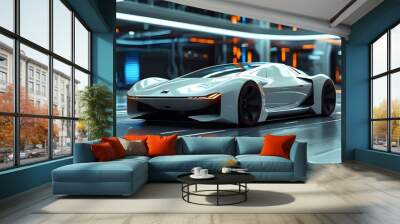 Futuristic Digital Car Design Against a Sleek Modern Background Wall mural