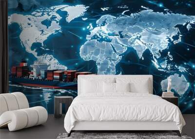 Futuristic digital depiction of global trade routes with cargo ships on a blue-toned world map, showcasing international logistics in high definition Wall mural