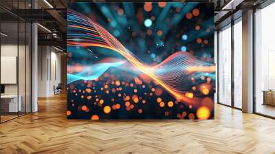 Futuristic wave background featuring glowing lines and vibrant bokeh effects Wall mural