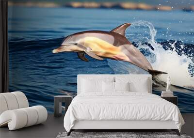 Graceful dolphins leaping through crystal-clear waters under a bright blue sky Wall mural