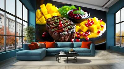 Grilled beef steak topped with vibrant mango salsa and sprinkled with pomegranate seeds on an elegant black plate Wall mural