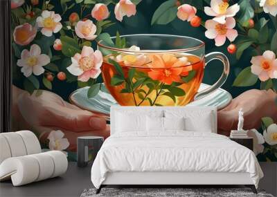 Hand holding delicate flower tea with vibrant petals and soothing colors Wall mural