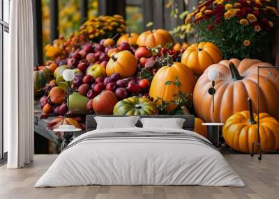 Harvest Bounty: A Vibrant Autumn Table Overflowing with Fresh Fruits and Pumpkins Wall mural