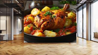 Hearty baked chicken stew with tender potatoes and savory tomato-based sauce in a comforting one-pan meal Wall mural