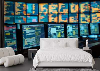 High-tech control room with multiple screens showcasing security feeds monitored by a vigilant surveillance operator Wall mural