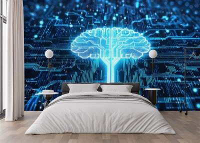 Illuminated digital brain with glowing circuits and data patterns, embodying innovation and futuristic intelligence Wall mural