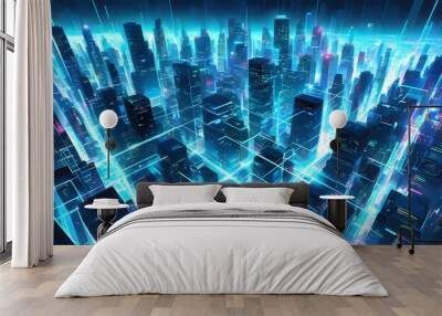 Illuminated digital sphere interconnected by a vibrant light network Wall mural