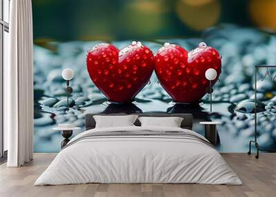 Intimate close-up of red hearts adorned with droplets, reflecting love and romance on a tranquil surface Wall mural