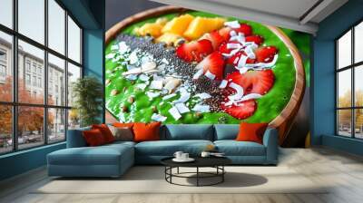 Luscious green smoothie bowl adorned with fresh fruits, crunchy granola, and coconut shavings in a rustic wooden bowl Wall mural