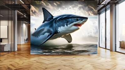 Majestic Great White Shark Breaching in Dynamic Display of Strength in South African Waters Wall mural