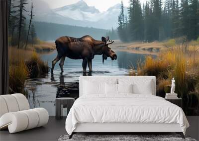 Majestic moose wandering through the serene swamps of Tana, captured in stunning AI-generated artwork Wall mural