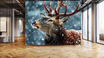 Majestic red deer stag amidst falling snow in a serene winter landscape Wall mural