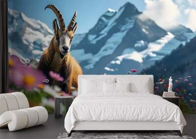 Majestic Steinbock Amidst Vibrant Alpine Flora in the Swiss Alps Wall mural