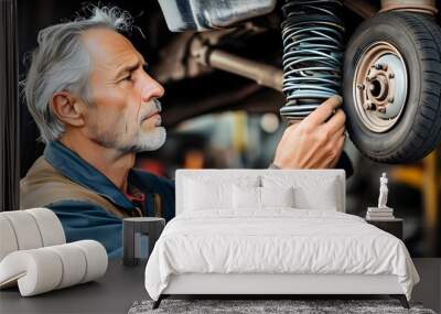 Middle-aged auto mechanic inspecting car suspension system Wall mural