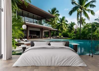 Modern tropical residence with luxurious pool surrounded by serene palm trees Wall mural