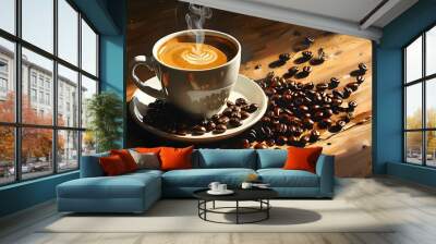 Morning tranquility with steaming coffee and scattered beans inviting a fresh start to the day Wall mural