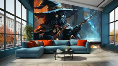 Mystical black cat wizard casting spells over a simmering cauldron with a glowing wand against a vibrant dark gothic backdrop Wall mural