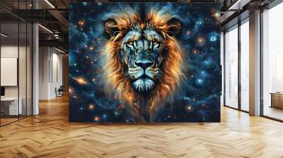 Mystical cosmic lion with a glowing face surrounded by stars and celestial wonders Wall mural