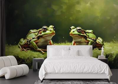 Peaceful encounter of two frogs on lush green moss, gazing at the camera in a serene natural setting Wall mural