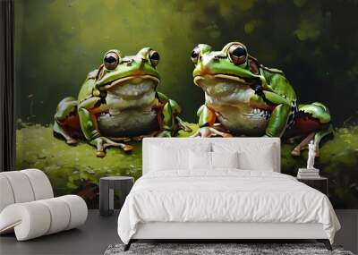 Peaceful encounter of two frogs on lush green moss, gazing at the camera in a serene natural setting Wall mural