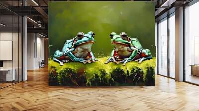 Peaceful encounter of two frogs on lush green moss, gazing at the camera in a serene natural setting Wall mural